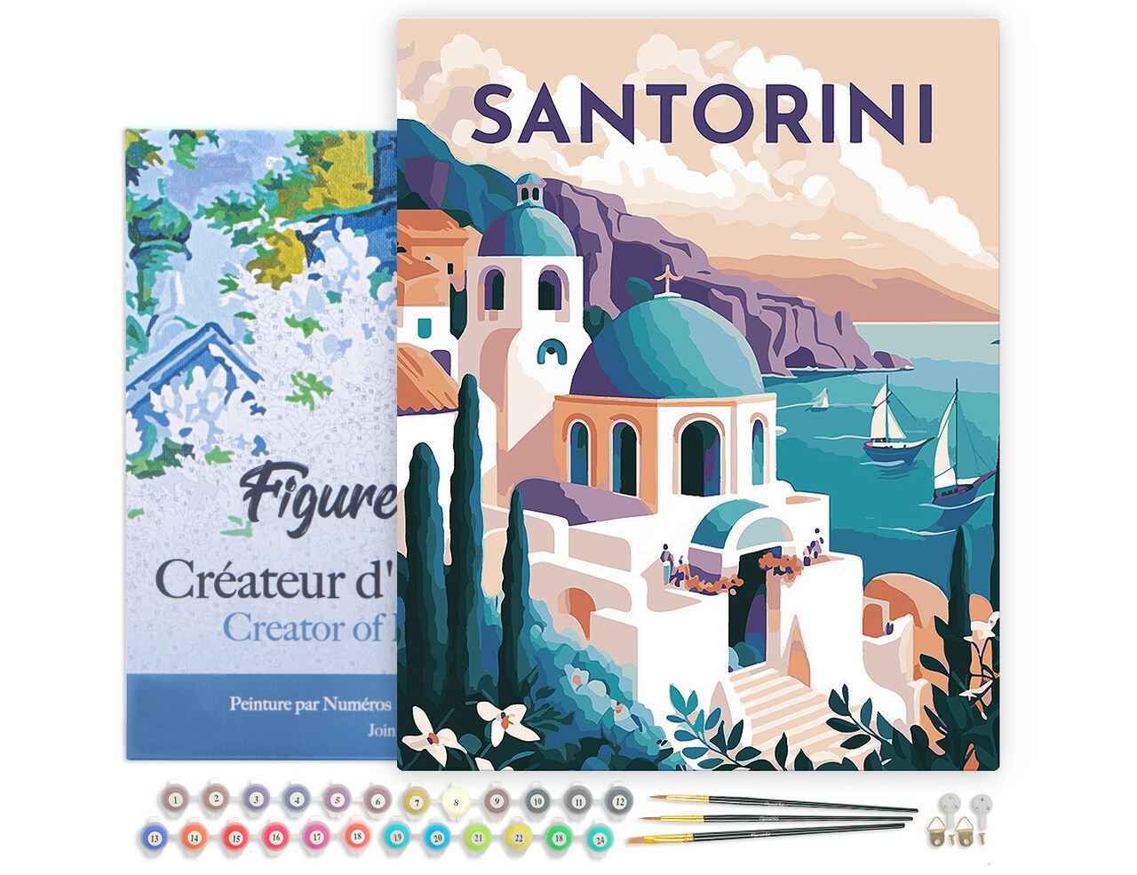Figured'Art Paint by Numbers for Adults with Frame Travel Poster Santorini 16"x20" - Craft Art Painting DIY Kit Canvas Already Stretched on a Wooden Frame
